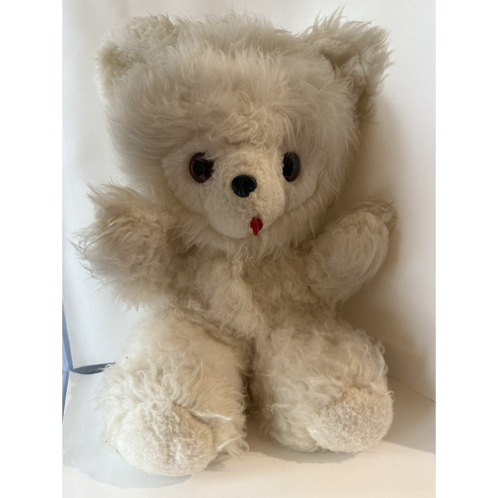 Vtg Dollcraft 17" Plush White Fuzzy Bear Orange Eyes Plastic nose